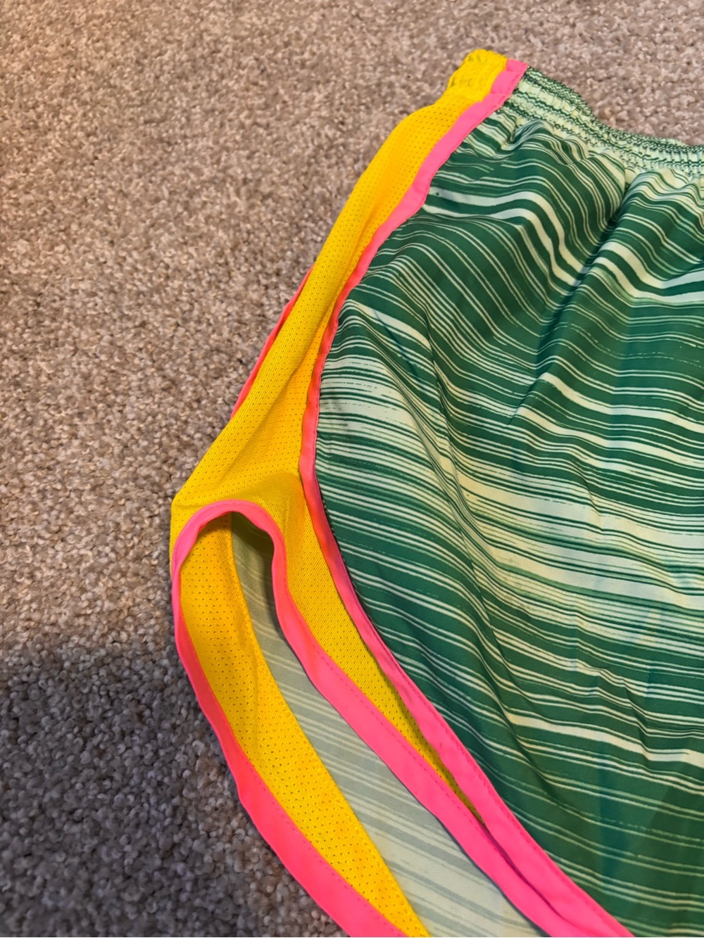 Nike Green Striped Running Shorts Pink Yellow Trim - Picture 2 of 4